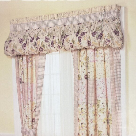 Vintage Balloon Window Valance Patchwork Lilac Green Floral Check 72"x16" - Picture 1 of 4